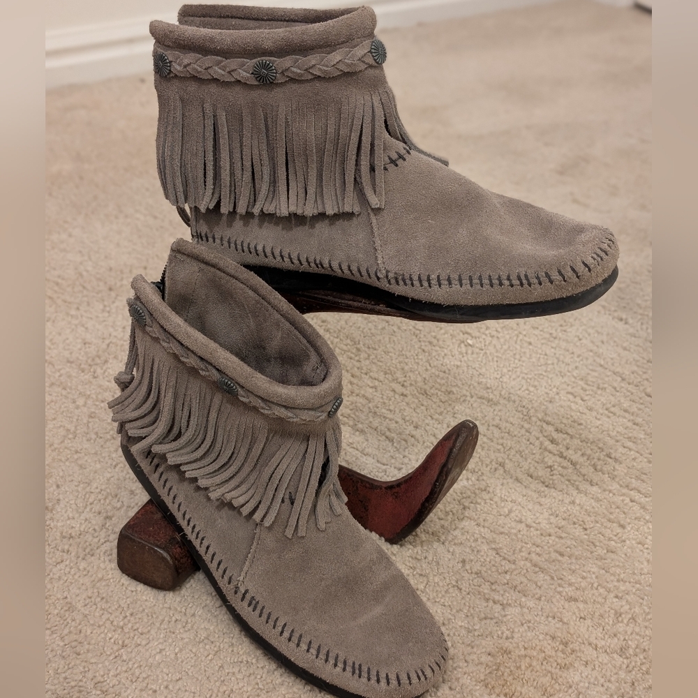 Minnetonka Braided Fringe Ankle Boots - Taupe/Gray